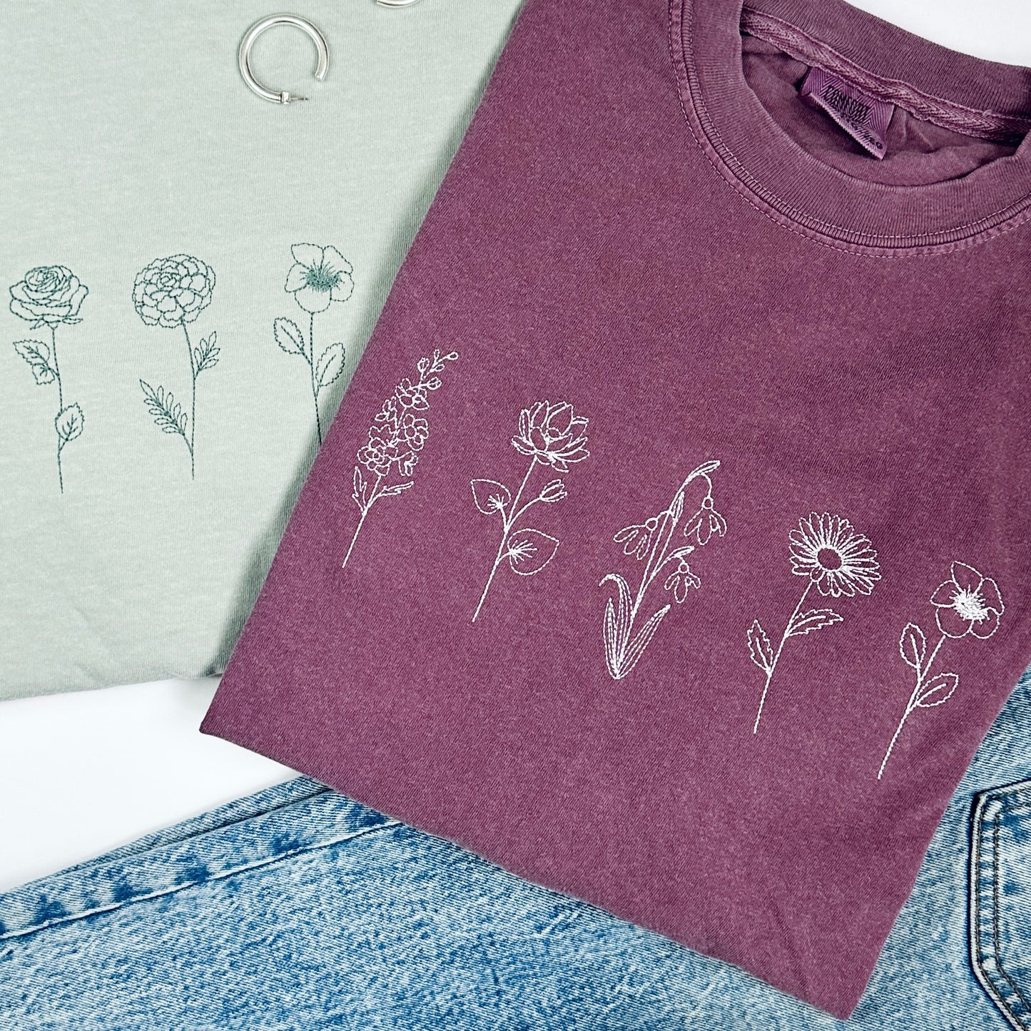 Birth Month Flower Embroidered T-Shirt