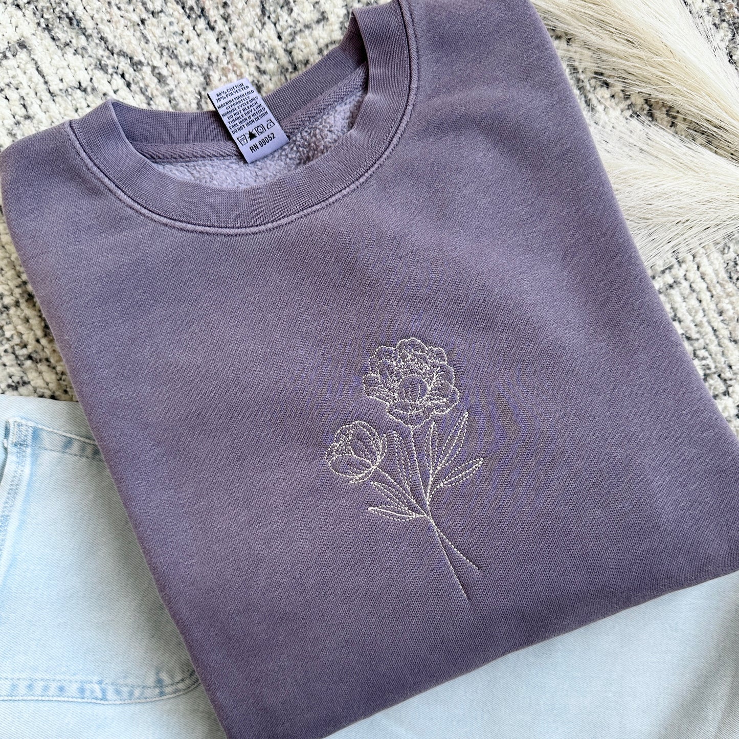 Peonies Embroidered Crewneck | November Birth Month Flower
