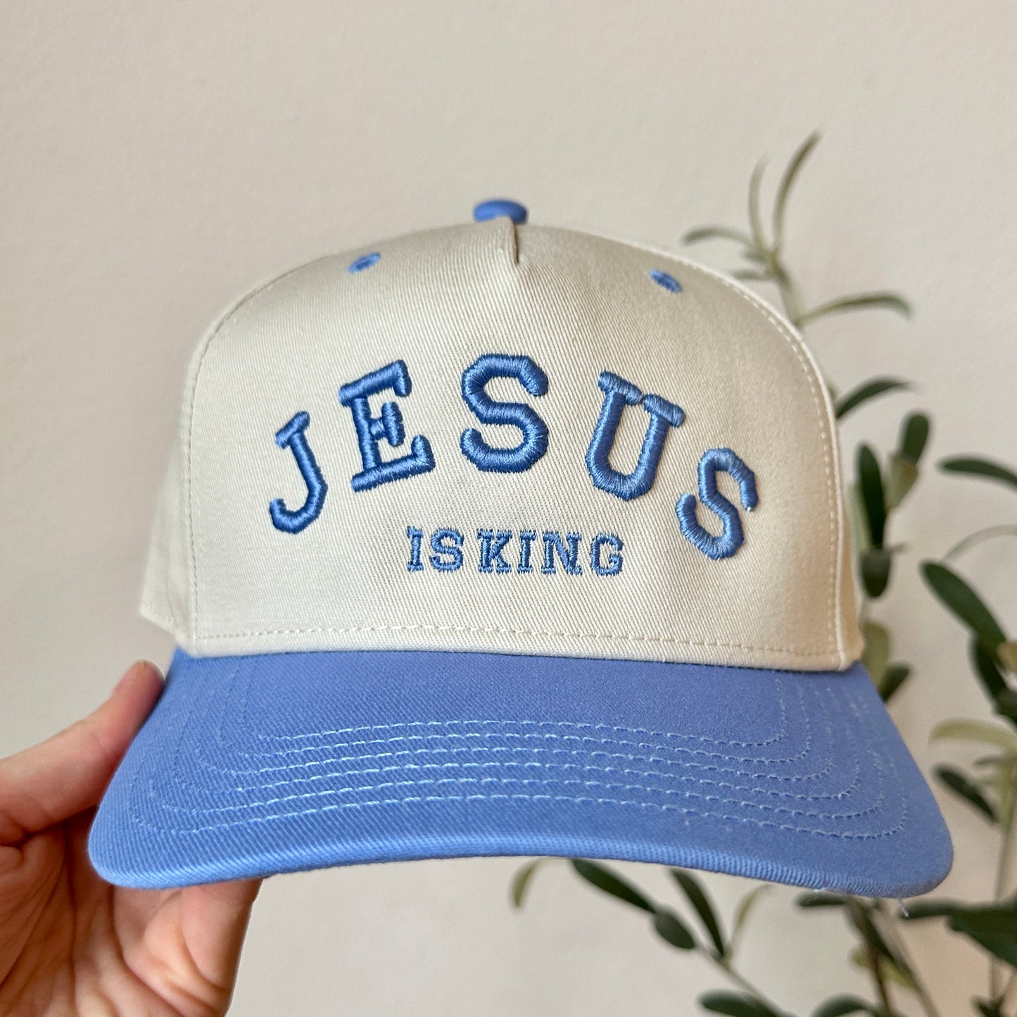 Jesus is King Embroidered Trucker Hat - Light Blue